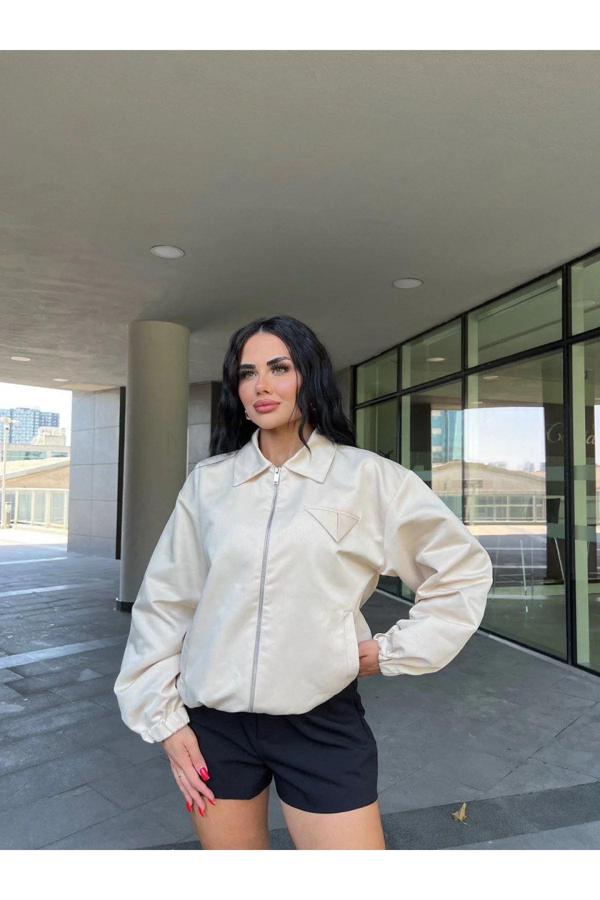 Fermuarlı Gömlek Yaka Bomber Ceket - Beyaz
