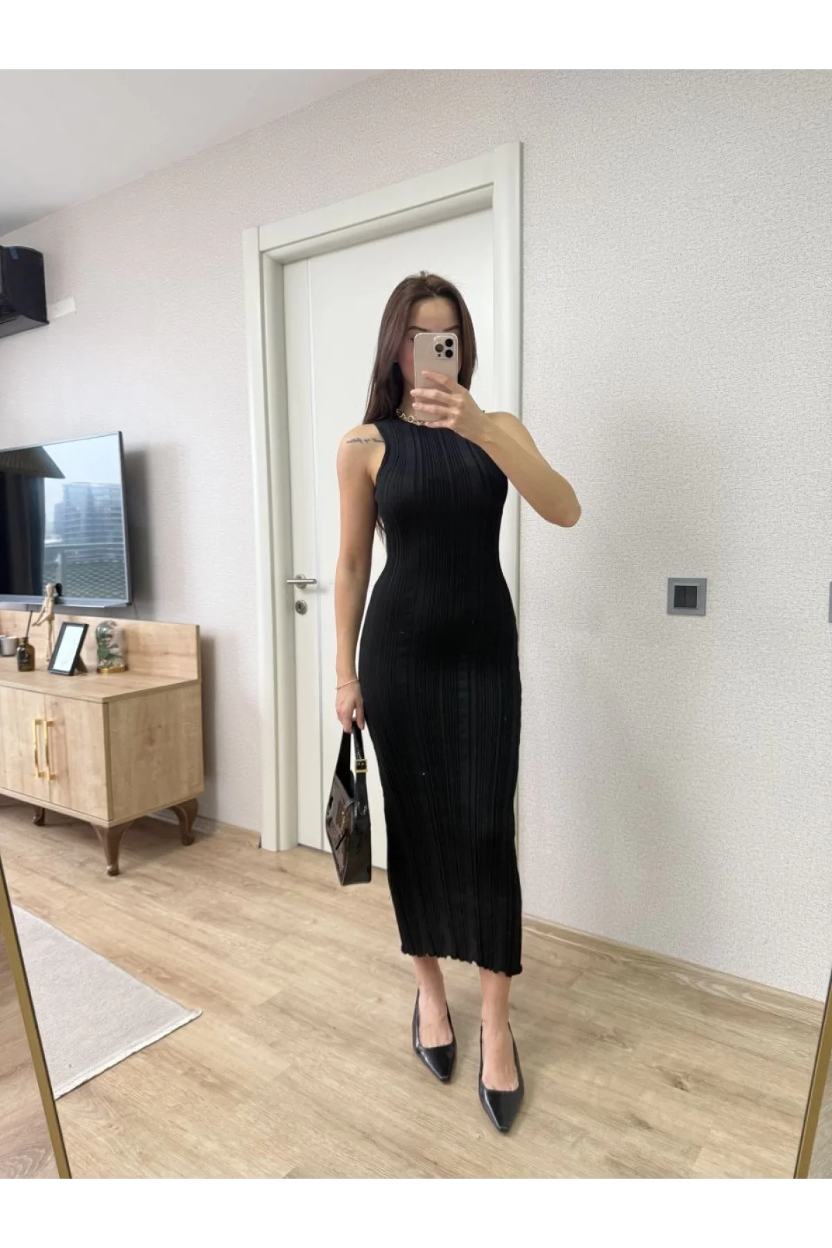 Fitilli Triko Elbise Kolsuz Sırtı Kapalı Maxi Uzun Boy - Siyah