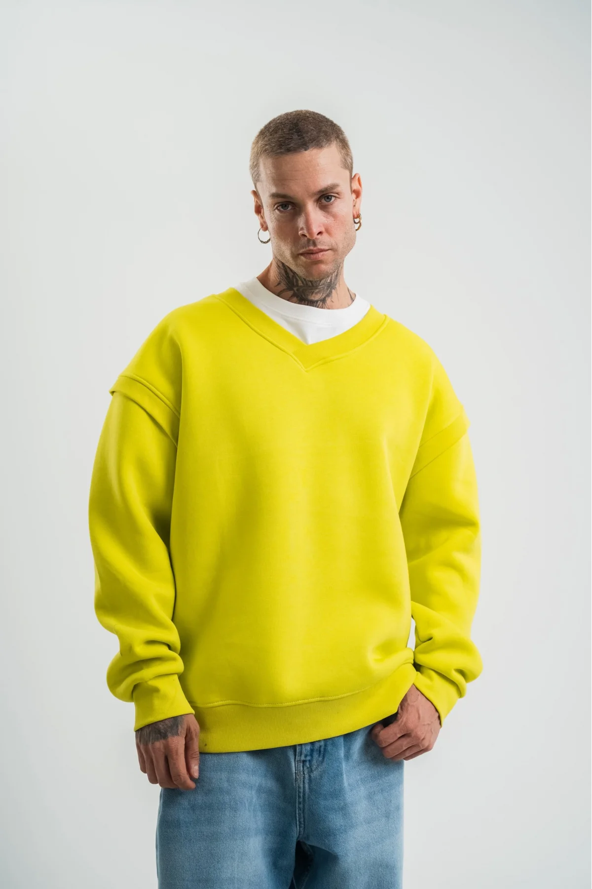 Geniş V yaka Kol Ribana Detaylı SweatShirt - Sarı