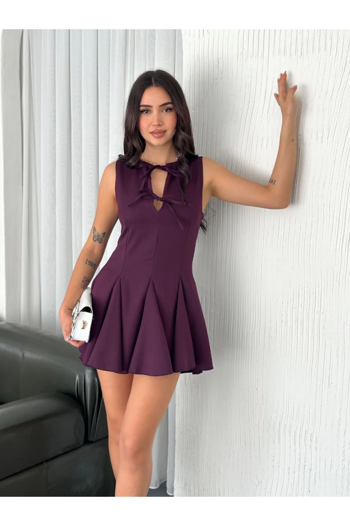 Göğüs Bağlamalı Kolsuz Mini Boy Elbise - Gül Kurusu