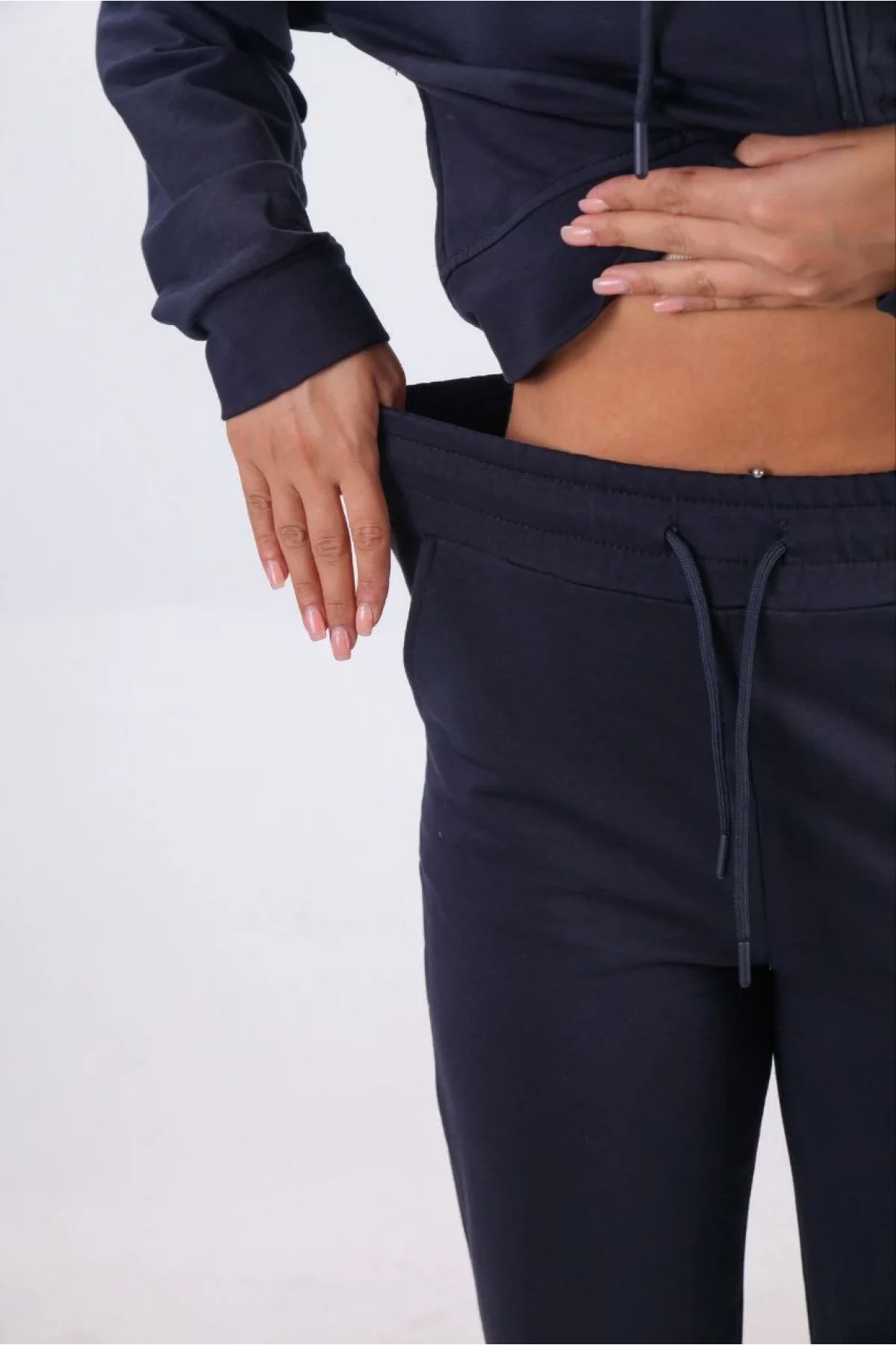 iki iplik Kapüşonlu Fermuarlı Crop Oversize Hırka Takım- Lacivert