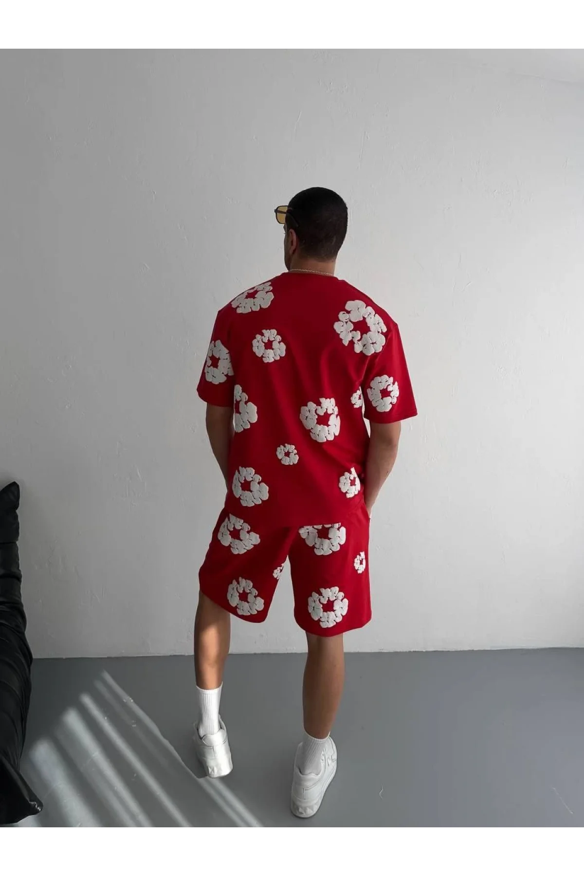 İki İplik Kumaş Baskılı T-shirt Şortlu Takım- Kırmızı