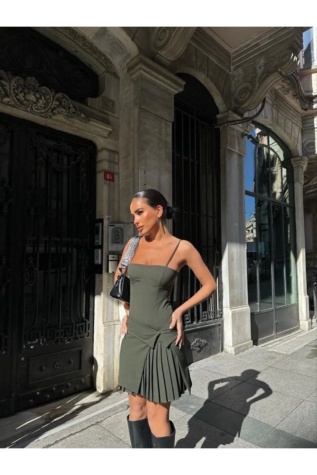 İki Parçalı Pileli Askılı Kadın Mini Elbise - Haki
