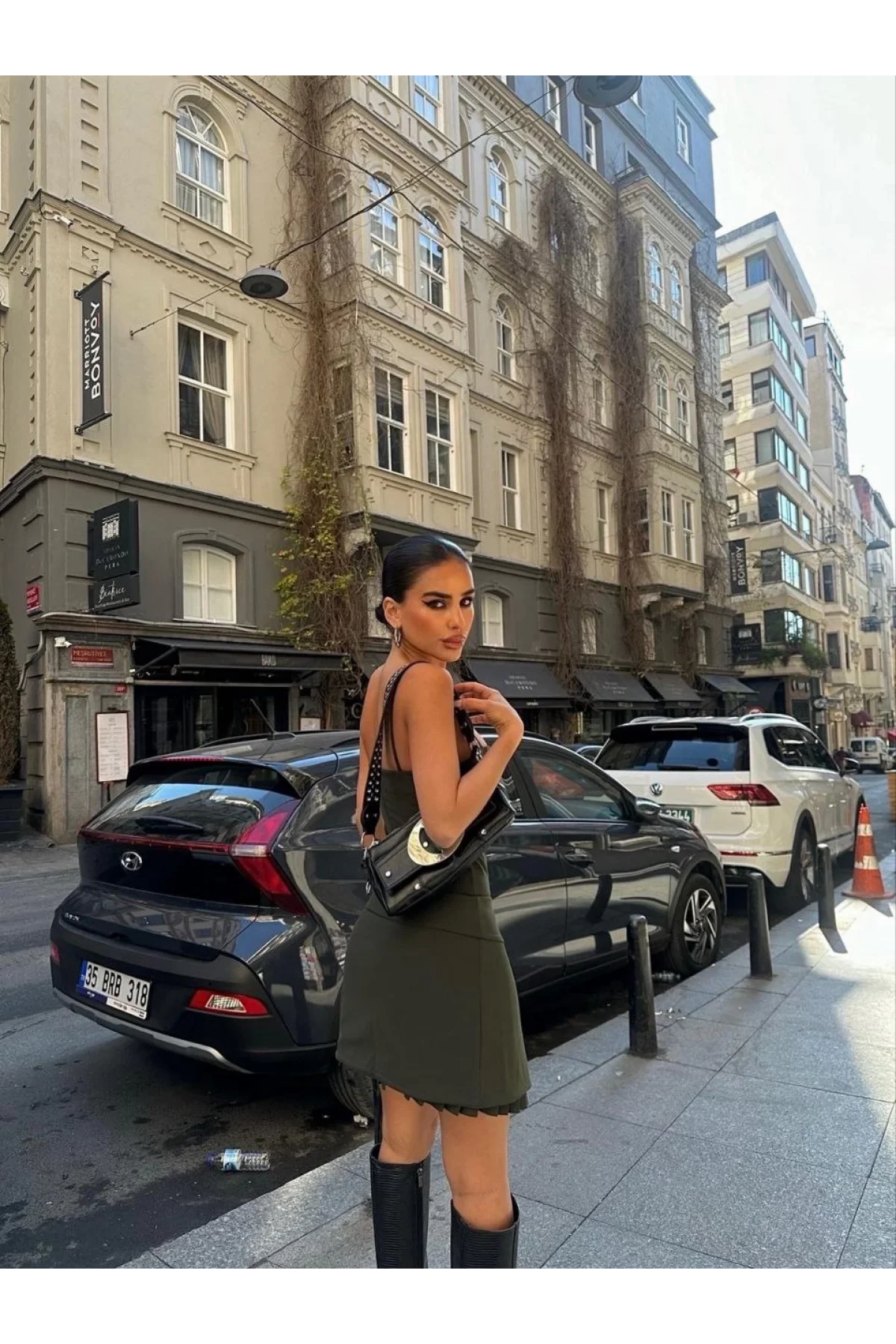 İki Parçalı Pileli Askılı Kadın Mini Elbise - Haki