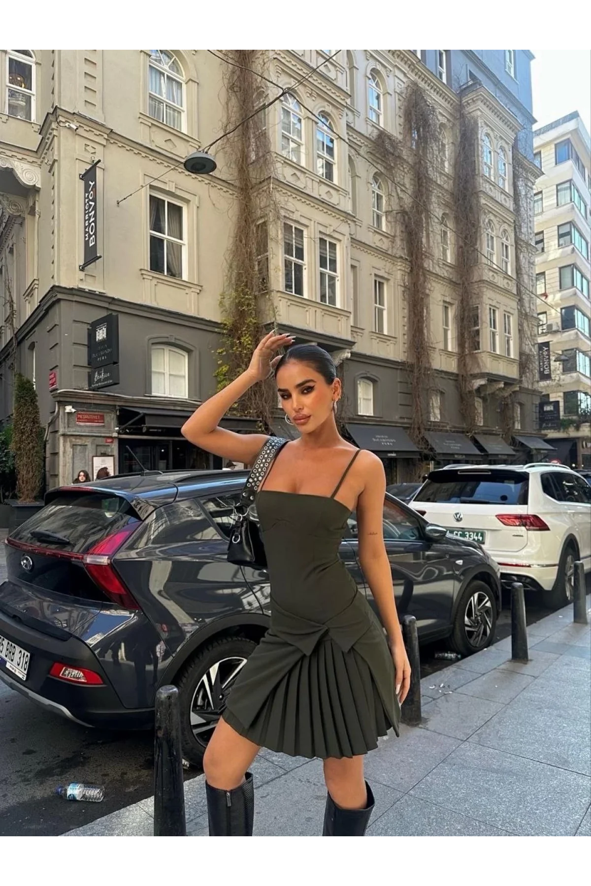 İki Parçalı Pileli Askılı Kadın Mini Elbise - Haki