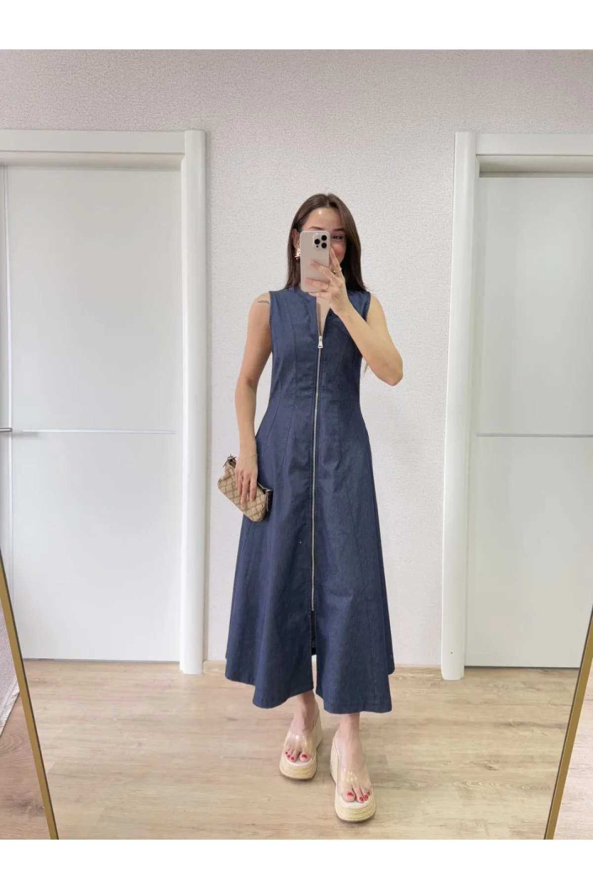 Jeans Kot Önü Tam Fermuarlı Kadın Uzun Elbise - Mavi