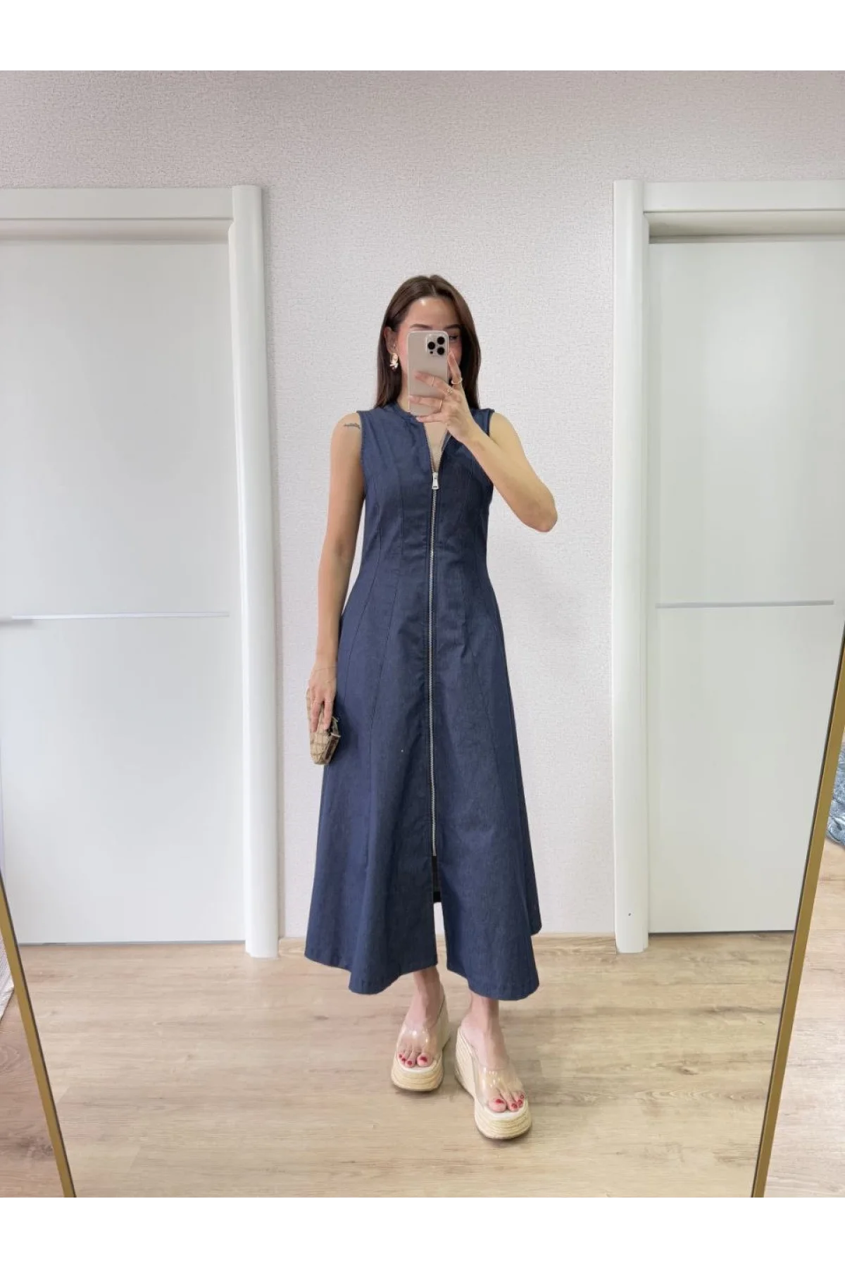 Jeans Kot Önü Tam Fermuarlı Kadın Uzun Elbise - Mavi