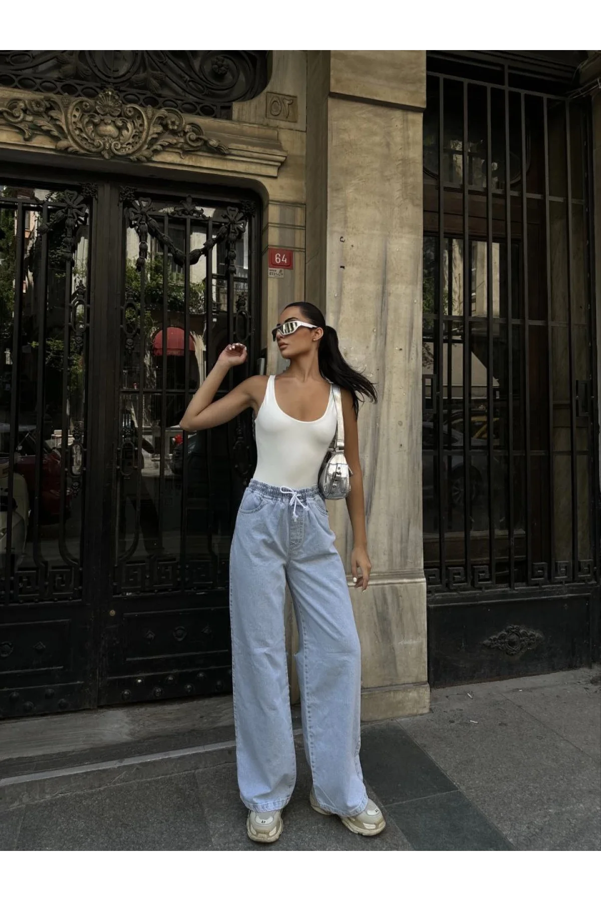 Kadın Arkadan Yırtmaçlı Jeans Kot Palazzo Pantolon - Mavi