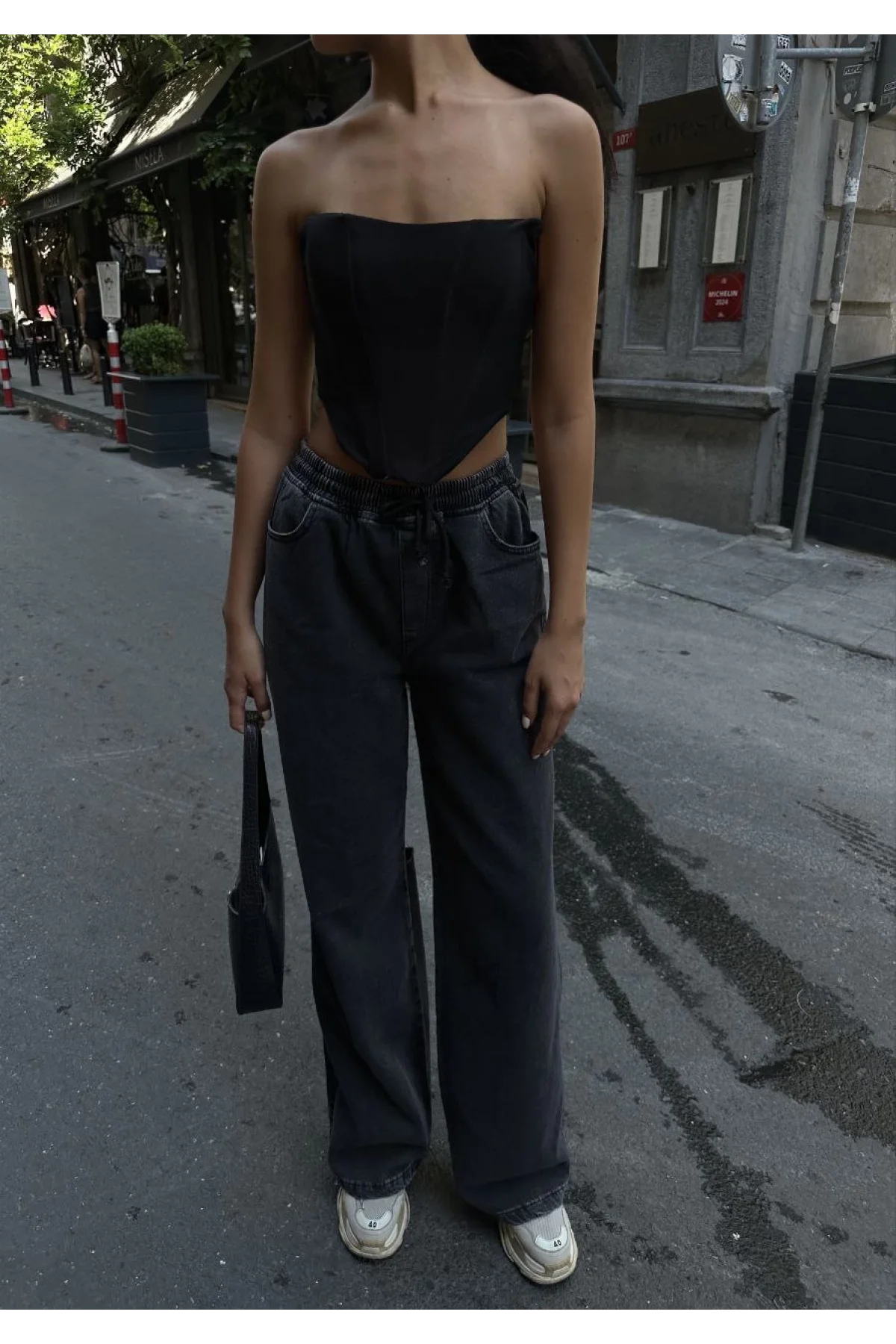 Kadın Arkadan Yırtmaçlı Jeans Kot Palazzo Pantolon - Siyah