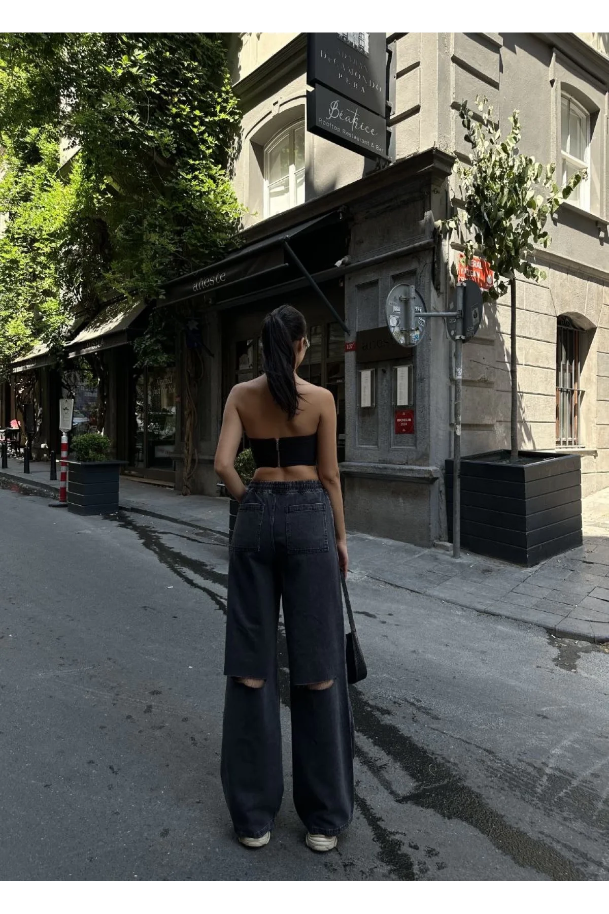 Kadın Arkadan Yırtmaçlı Jeans Kot Palazzo Pantolon - Siyah
