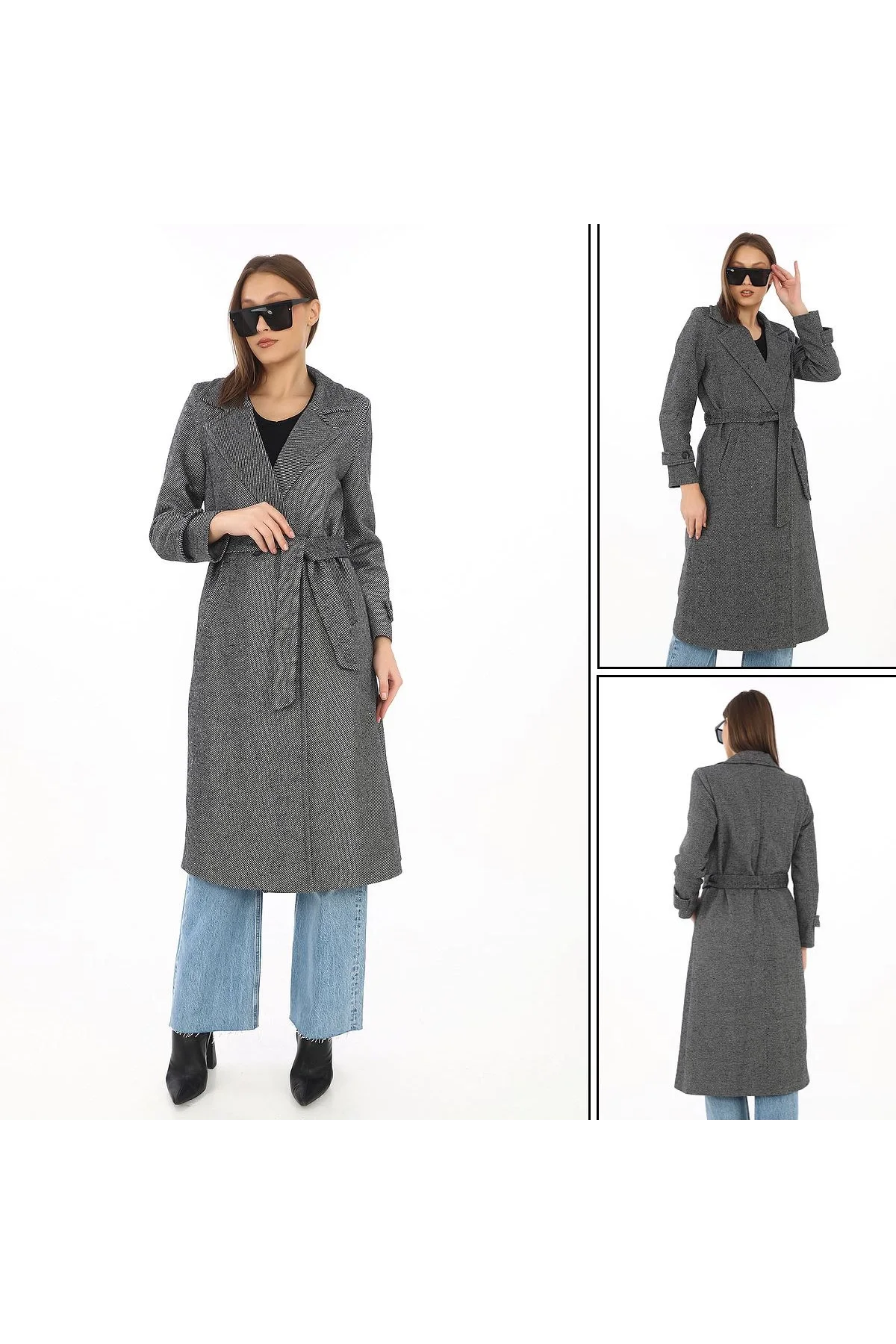 Kadın Balık Sırtı Kaşe Kaban – Uzun Boy Kruvaze Yaka Kuşaklı Astarlı Kışlık Tesettür Kaban, Yünlü Dokuma Kaşmir Kumaş, Cepli Rahat Oversize Kalıp Şık Modern Kaban Mont Modeli (Günlük ve Özel Gün Kombinlerine Uygun) - Füme