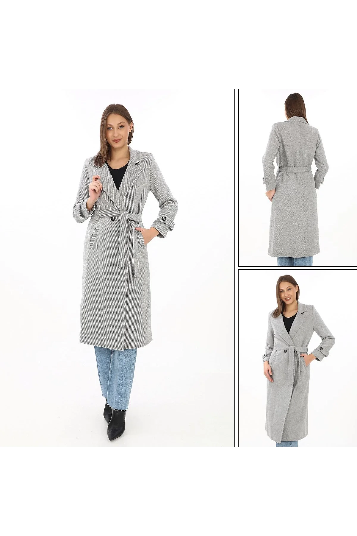 Kadın Balık Sırtı Kaşe Kaban – Uzun Boy Kruvaze Yaka Kuşaklı Astarlı Kışlık Tesettür Kaban, Yünlü Dokuma Kaşmir Kumaş, Cepli Rahat Oversize Kalıp Şık Modern Kaban Mont Modeli (Günlük ve Özel Gün Kombinlerine Uygun) - Gri