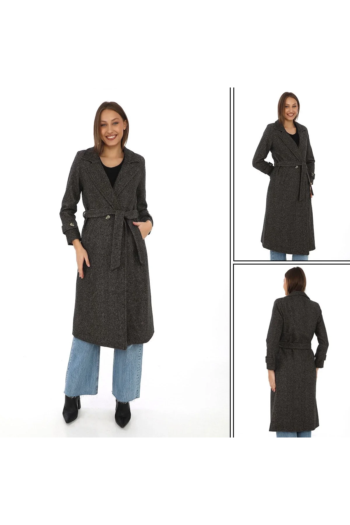 Kadın Balık Sırtı Kaşe Kaban – Uzun Boy Kruvaze Yaka Kuşaklı Astarlı Kışlık Tesettür Kaban, Yünlü Dokuma Kaşmir Kumaş, Cepli Rahat Oversize Kalıp Şık Modern Kaban Mont Modeli (Günlük ve Özel Gün Kombinlerine Uygun) - Kahverengi