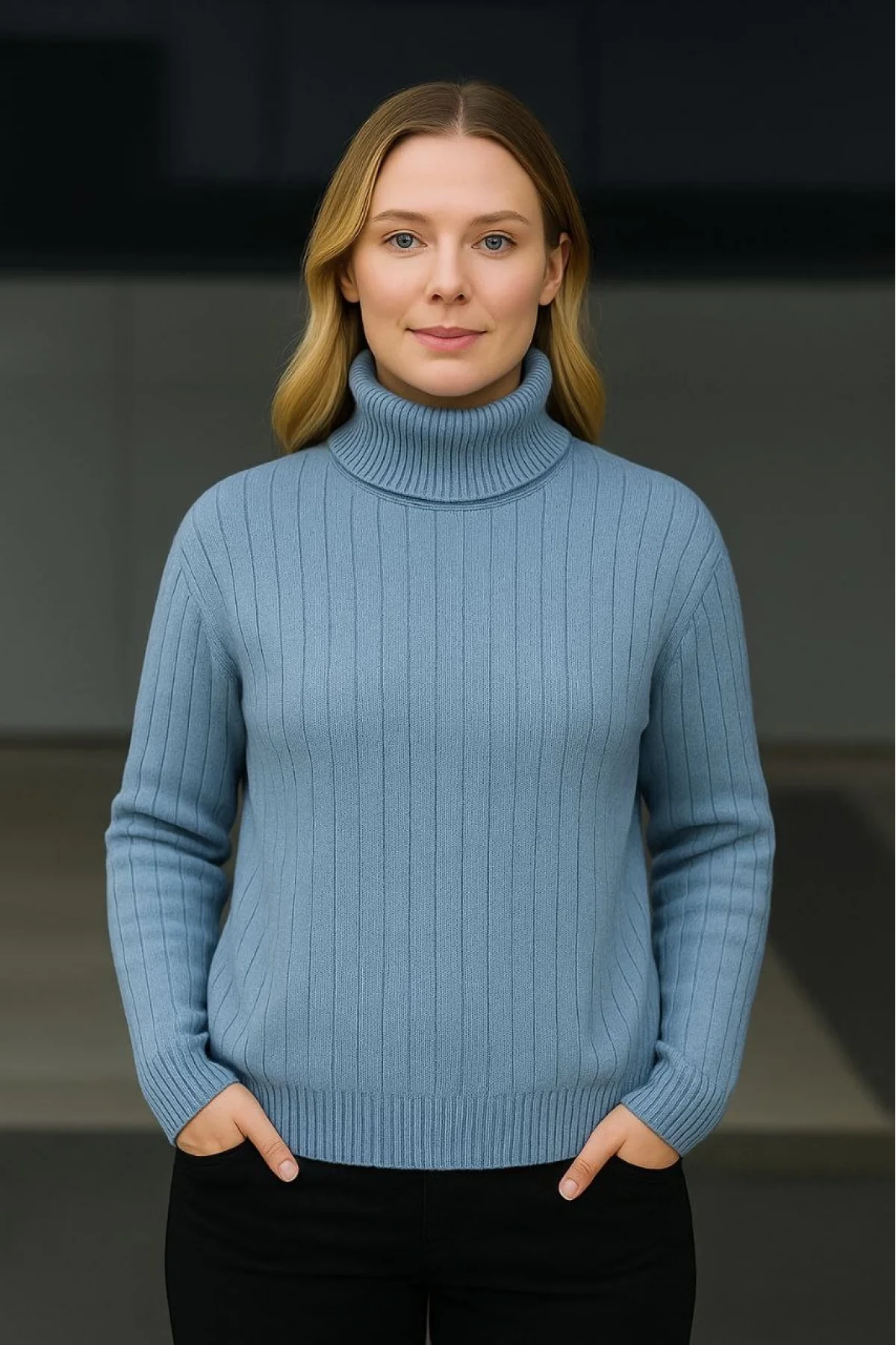 Kadın Balıkcı Yaka Bağazlı Triko Kazak Pamuklu Kalın Fitilli Dokuma - Bebek Mavisi