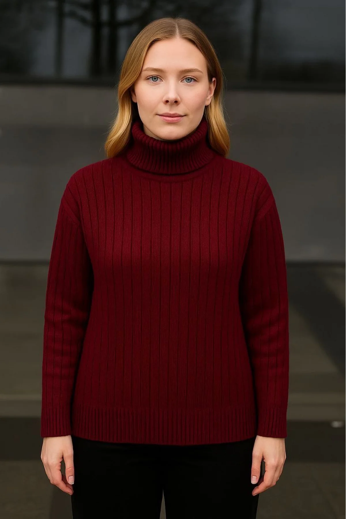 Kadın Balıkcı Yaka Bağazlı Triko Kazak Pamuklu Kalın Fitilli Dokuma - Bordo