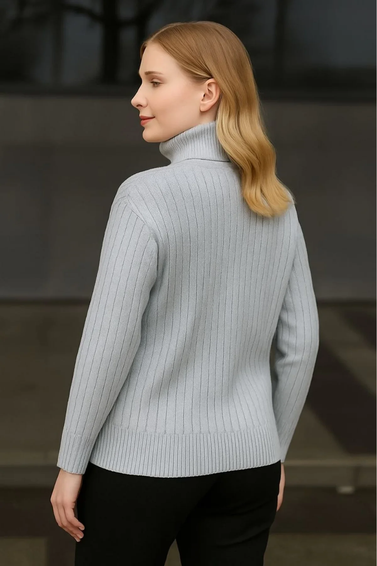 Kadın Balıkcı Yaka Bağazlı Triko Kazak Pamuklu Kalın Fitilli Dokuma - Gri