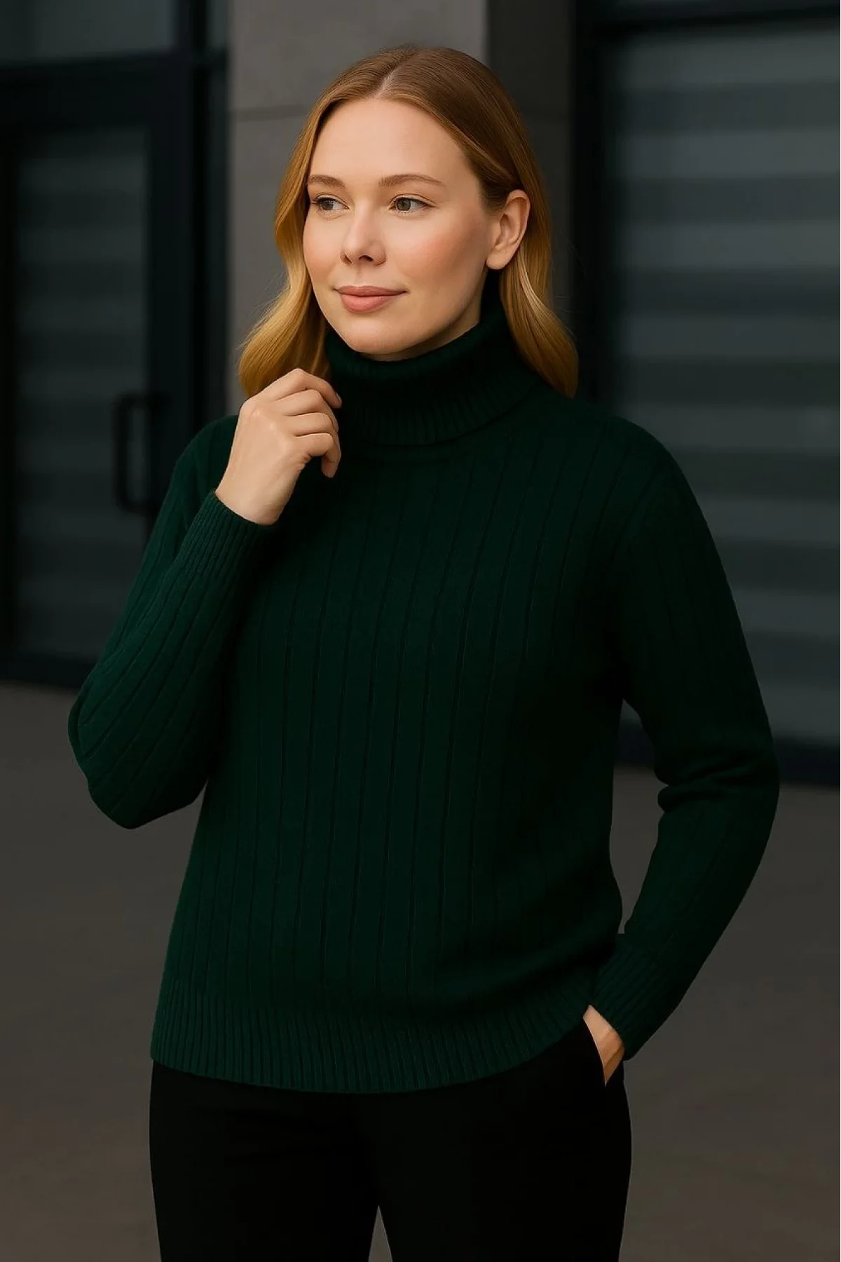 Kadın Balıkcı Yaka Bağazlı Triko Kazak Pamuklu Kalın Fitilli Dokuma - Haki