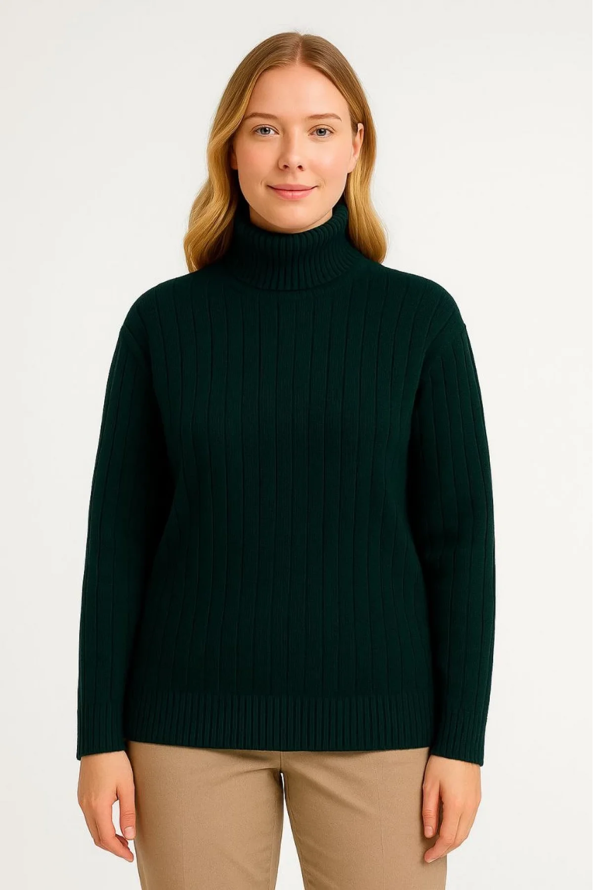 Kadın Balıkcı Yaka Bağazlı Triko Kazak Pamuklu Kalın Fitilli Dokuma - Haki