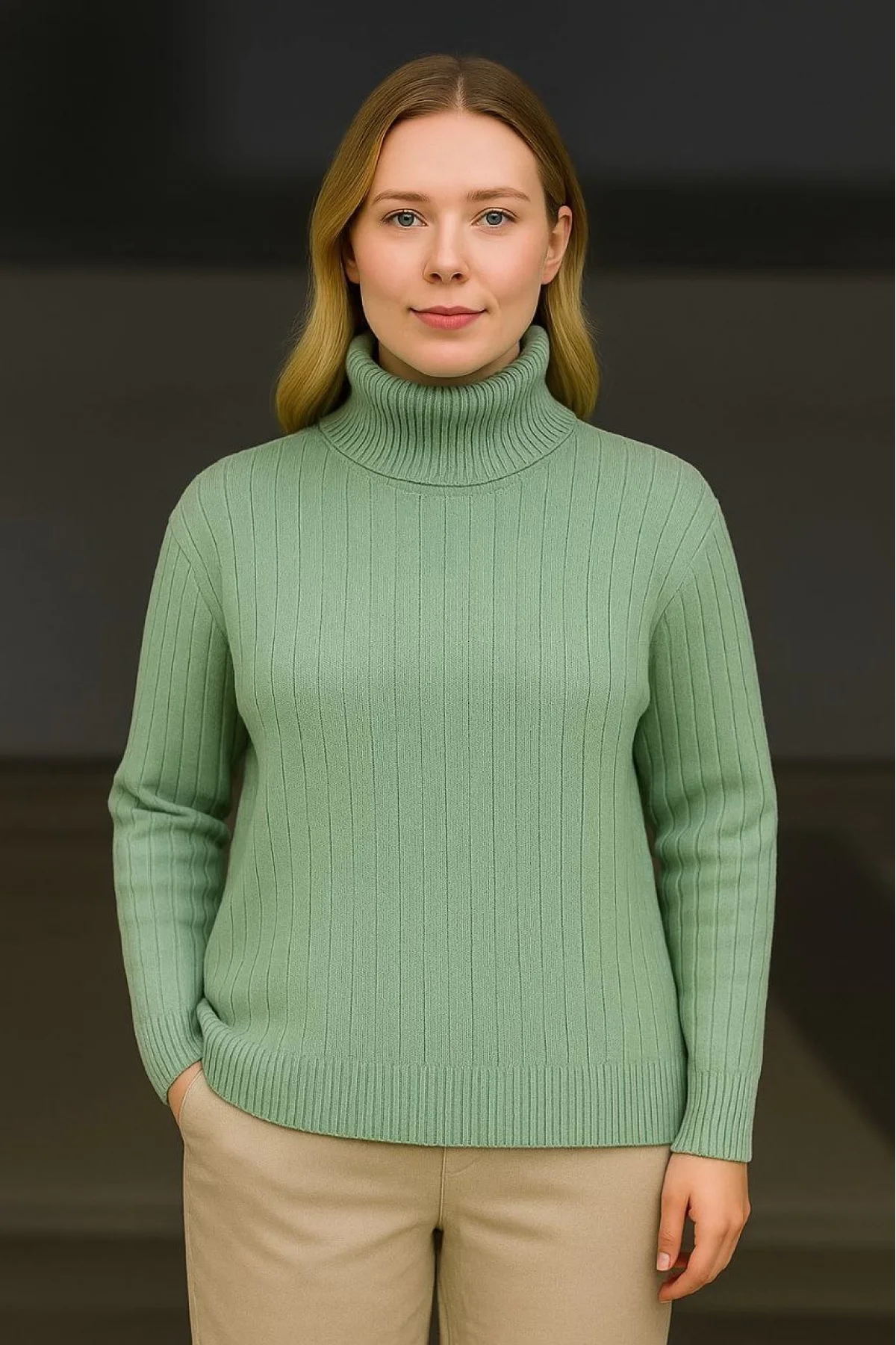 Kadın Balıkcı Yaka Bağazlı Triko Kazak Pamuklu Kalın Fitilli Dokuma - Mint Yeşili