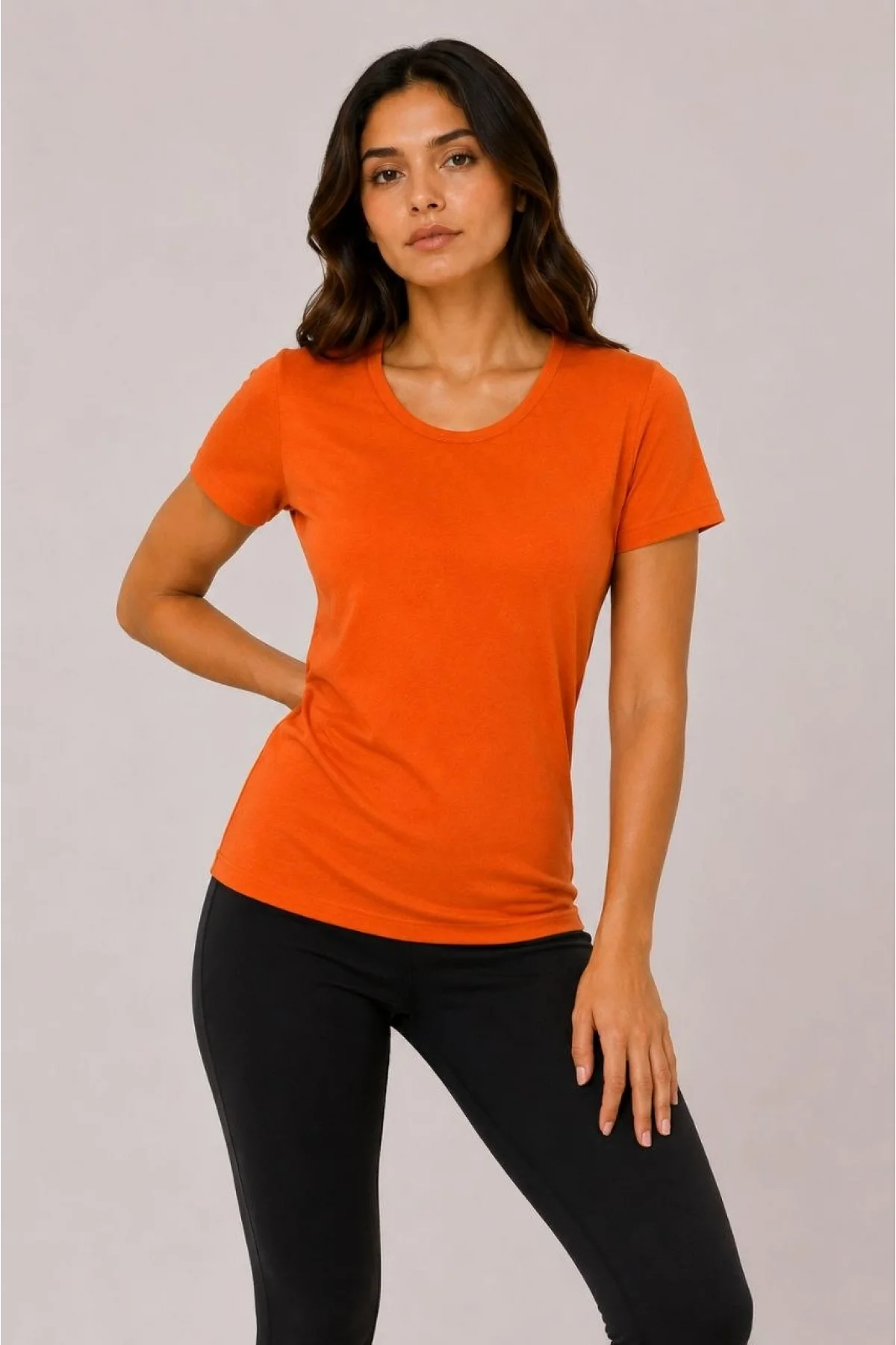 Kadın Basic Bisiklet Yaka Yazlık Slim fit T-Shirt - Pudra Pembe & Turuncu