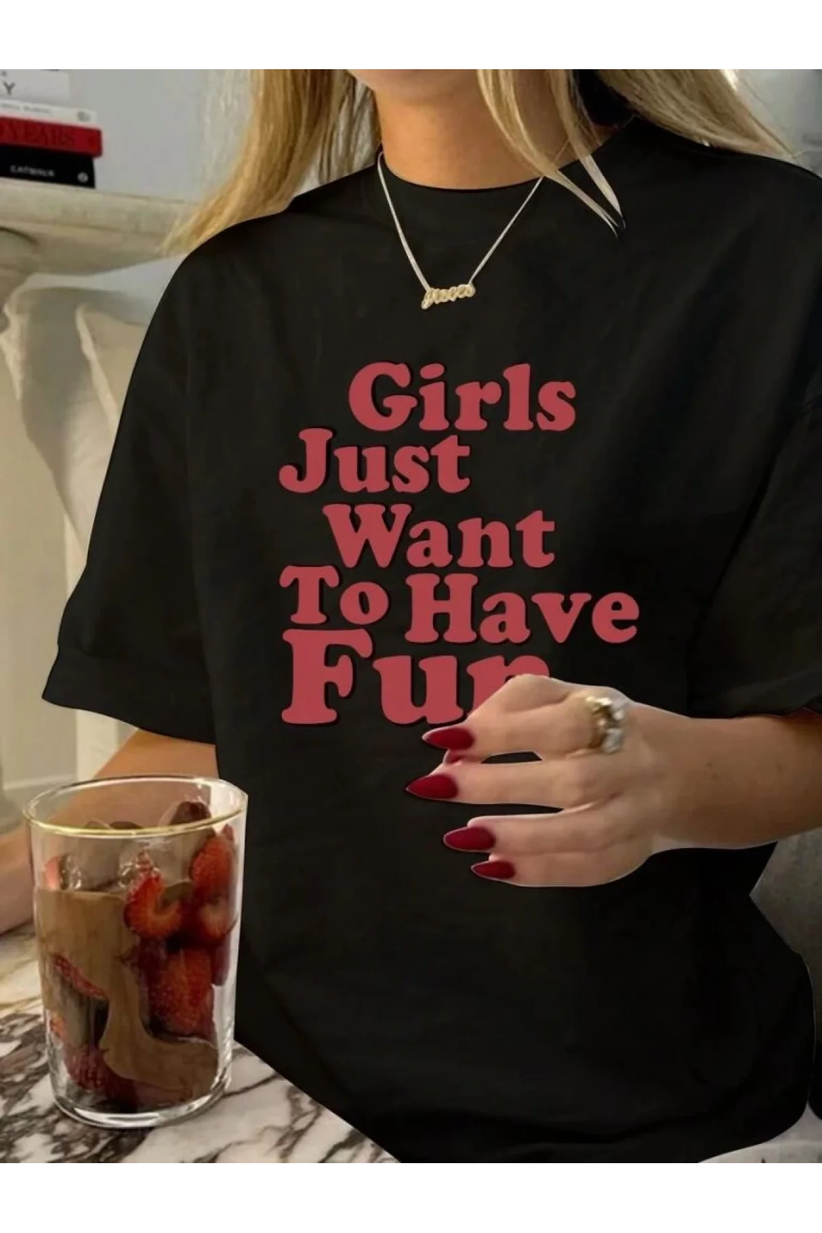 Kadın Baskılı Oversize T-shirt - Siyah