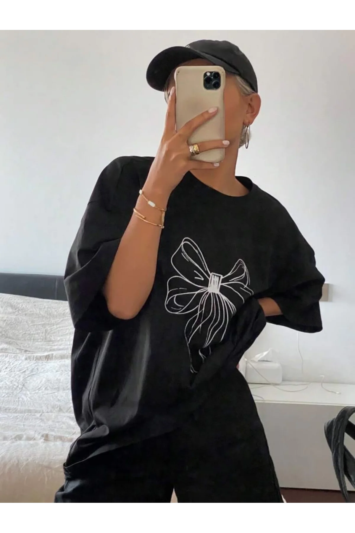 Kadın Baskılı Oversize T-shirt - Siyah