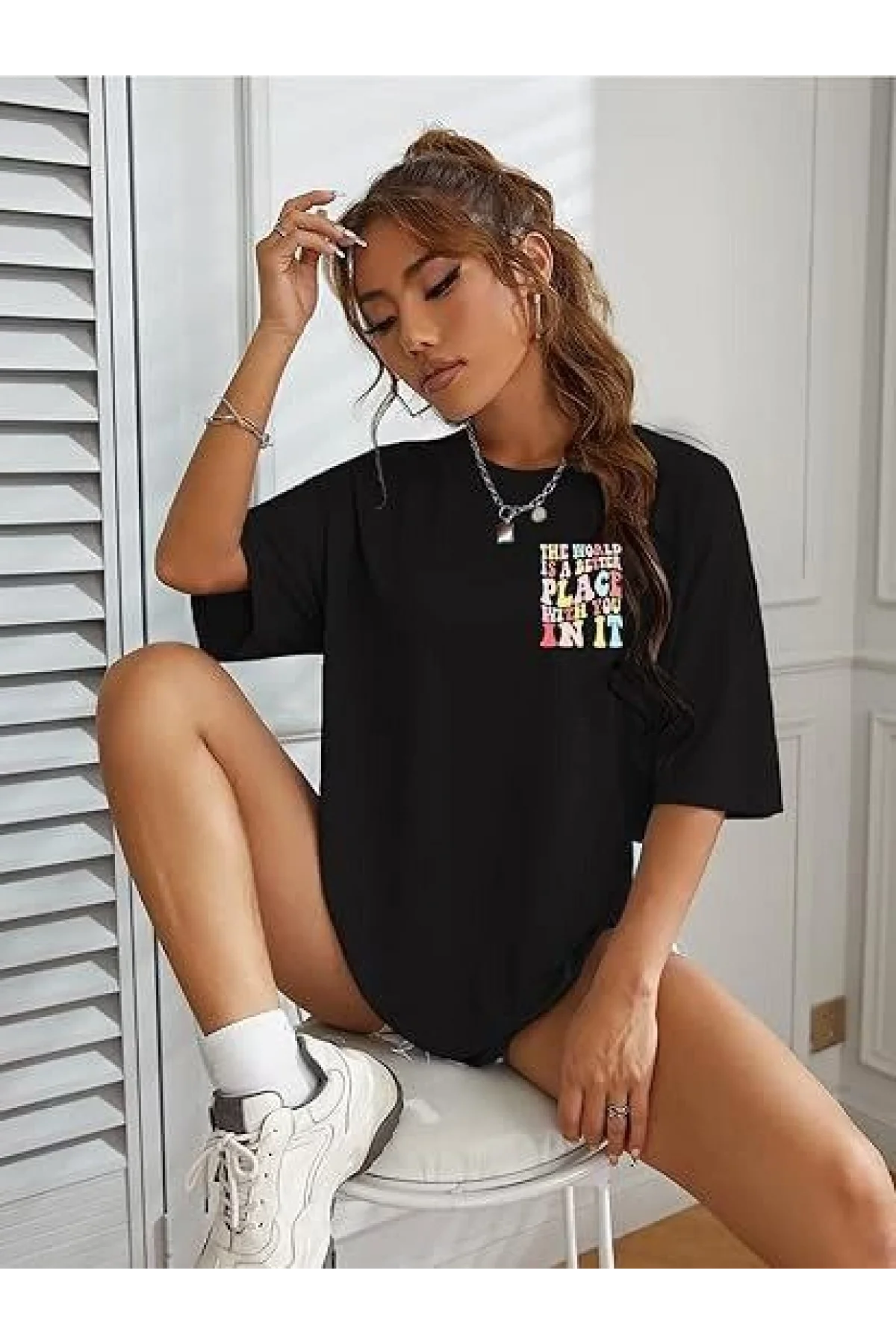 Kadın Bisiklet Yaka Baskılı T-shirt - Siyah