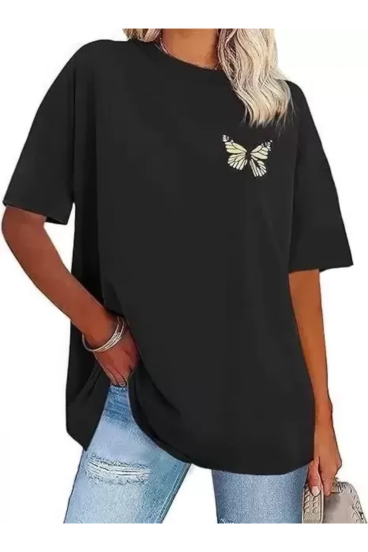 Kadın Bisiklet Yaka Baskılı T-shirt - Siyah