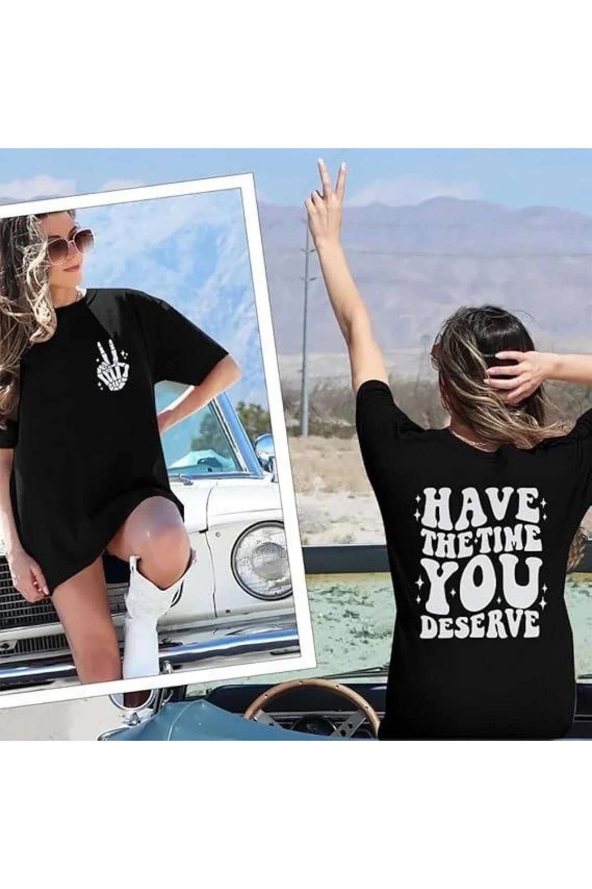 Kadın Bisiklet Yaka Kısa Kol Baskılı T-shirt - Siyah