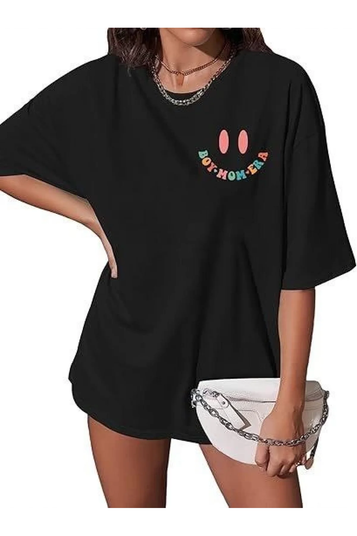 Kadın Bisiklet Yaka Kısa Kol Baskılı T-shirt - Siyah