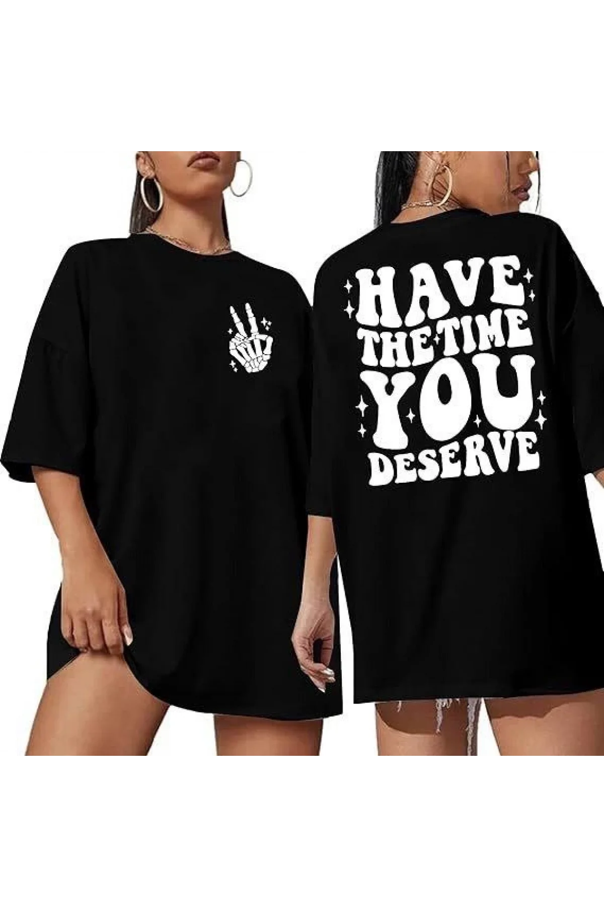 Kadın Bisiklet Yaka Kısa Kol Baskılı T-shirt - Siyah