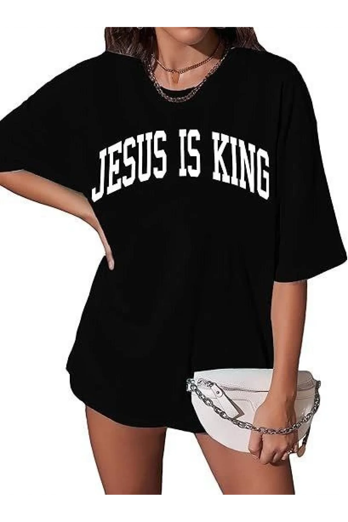 Kadın Bisiklet Yaka Kısa Kol Baskılı T-shirt - Siyah