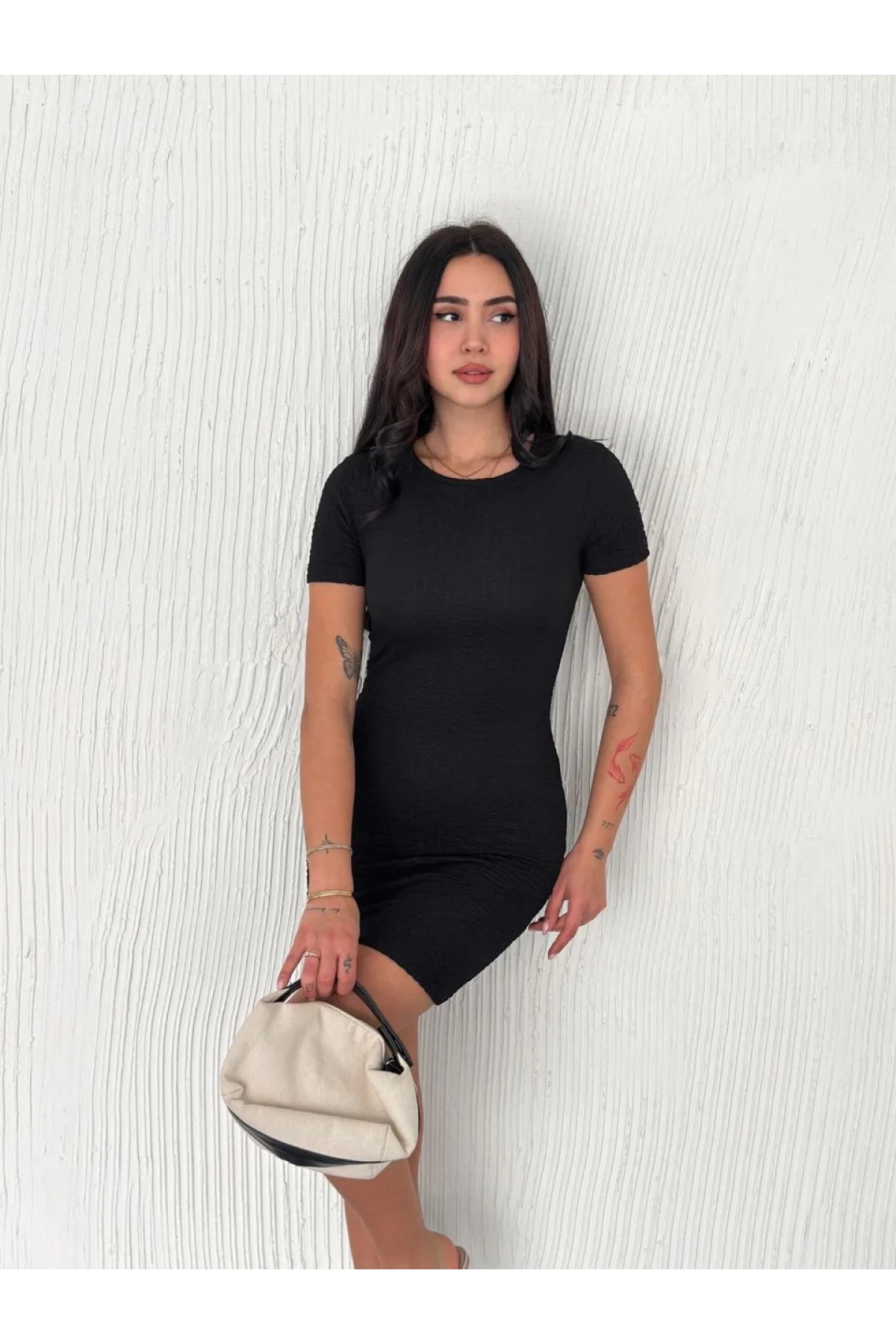 Kadın Bisiklet Yaka Kısa Kol Likralı Elbise - Siyah