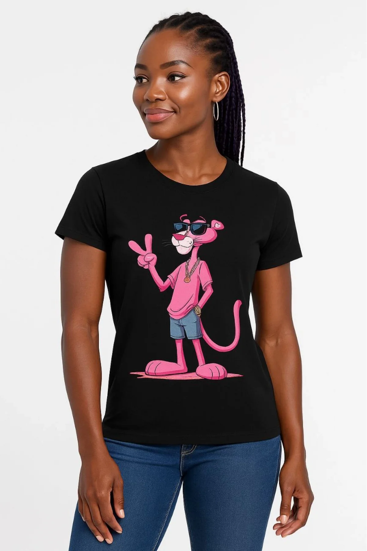 Kadın Bisiklet Yaka Kısa Kollu Baskılı T-shirt - Siyah