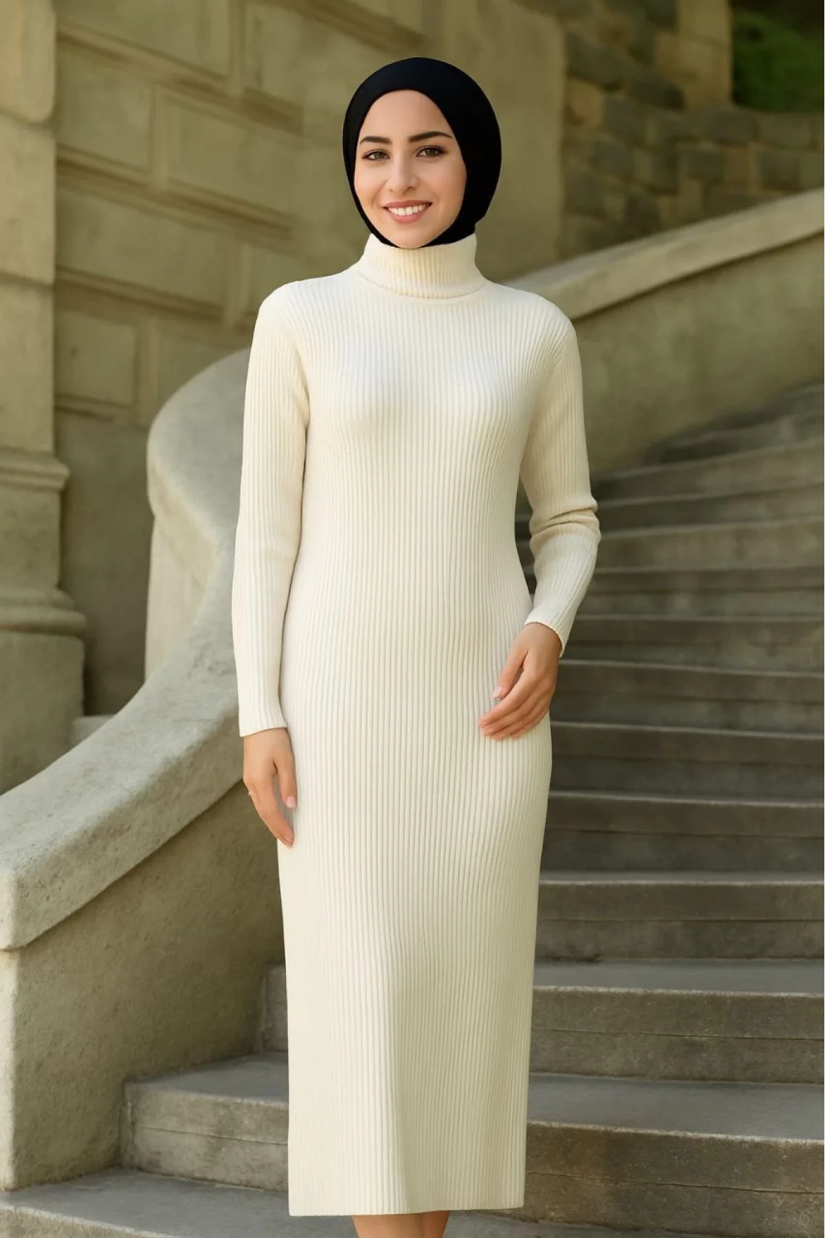 Kadın Tesettür Triko Elbise – Boğazlı Uzun Fitilli Dokuma, Esnek Tam Kalıp, 130 cm Midi Boy, Bahar & Kış Şık Rahat Stil - Beyaz