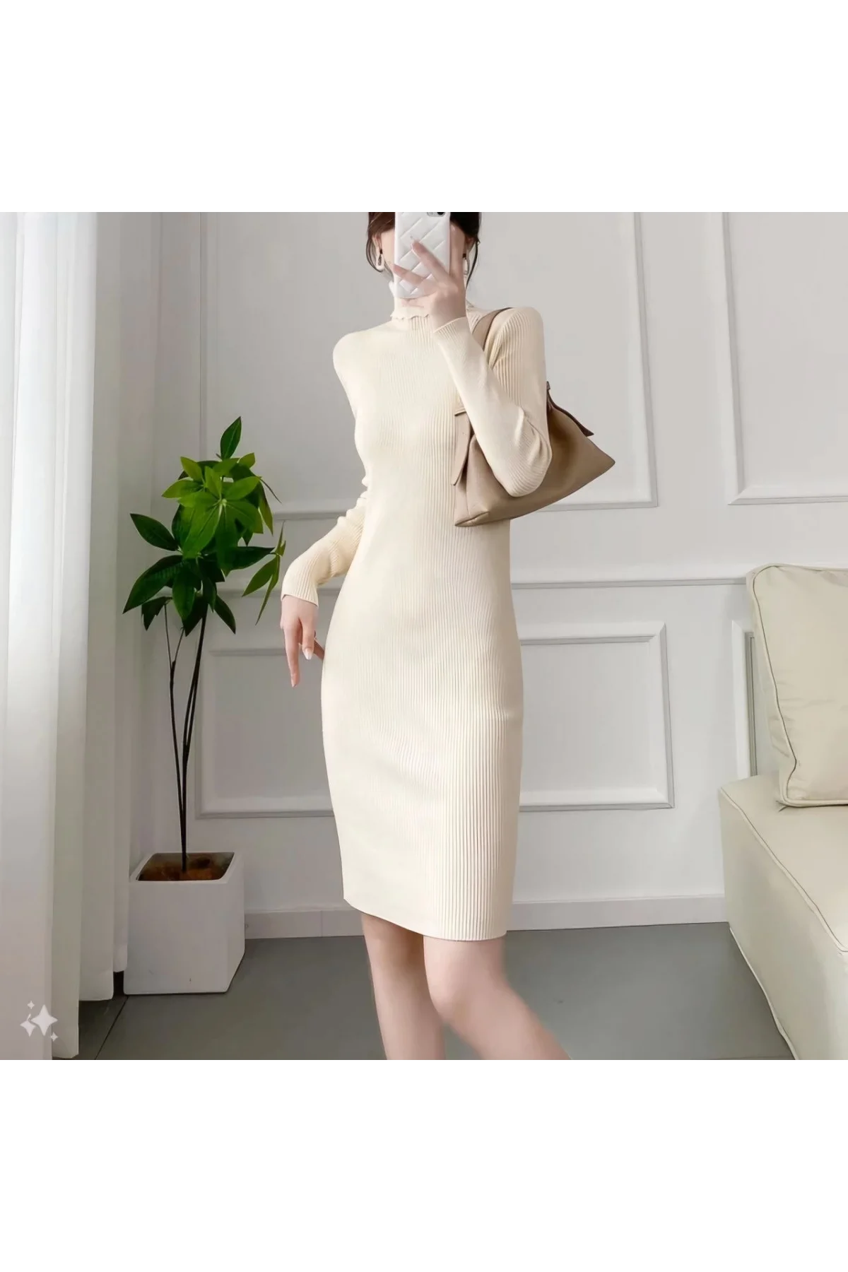 Kadın Boğazlı Uzun Fitilli Triko Dokuma Elbise - Beyaz