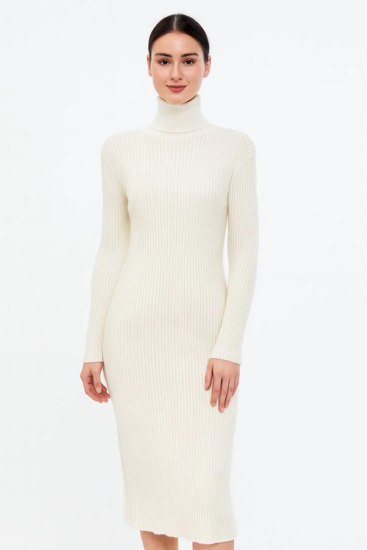 Kadın Boğazlı Triko Elbise – Uzun Fitilli Esnek Dokuma, Tam Kalıp, Kışlık & Baharlık Şık Rahat Stil, 130 cm Midi Boy Elbise - Beyaz