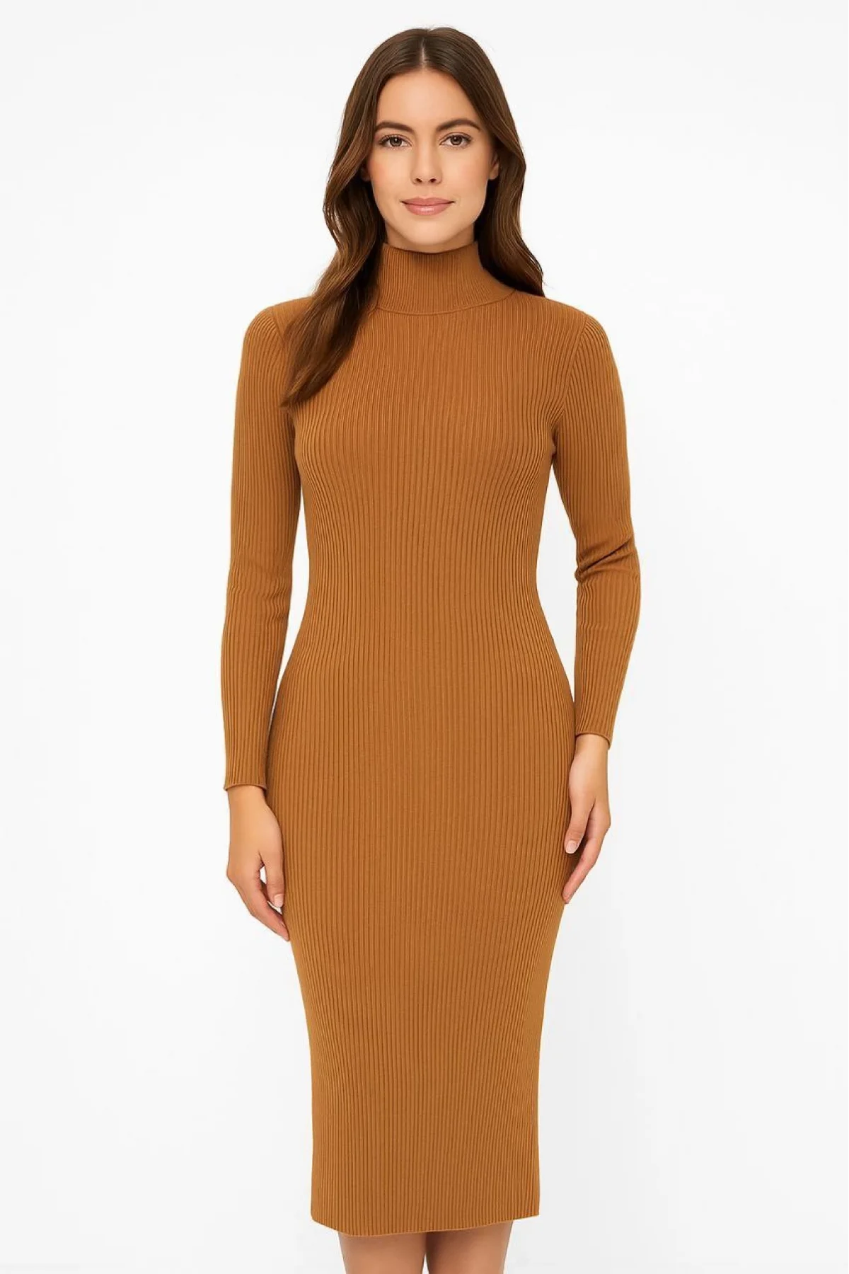 Kadın Boğazlı Triko Elbise – Uzun Fitilli Esnek Dokuma, Tam Kalıp, Kışlık & Baharlık Şık Rahat Stil, 130 cm Midi Boy Elbise - Kahverengi