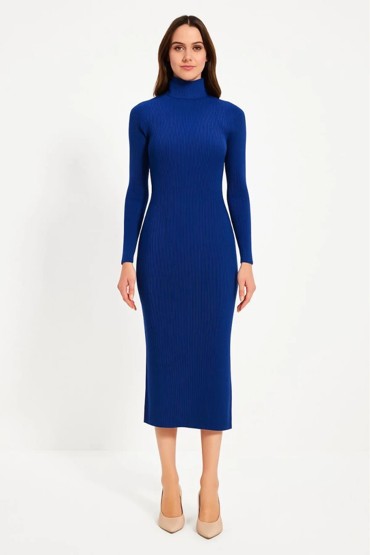 Kadın Boğazlı Triko Elbise – Uzun Fitilli Esnek Dokuma, Tam Kalıp, Kışlık & Baharlık Şık Rahat Stil, 130 cm Midi Boy Elbise - Saks Mavisi