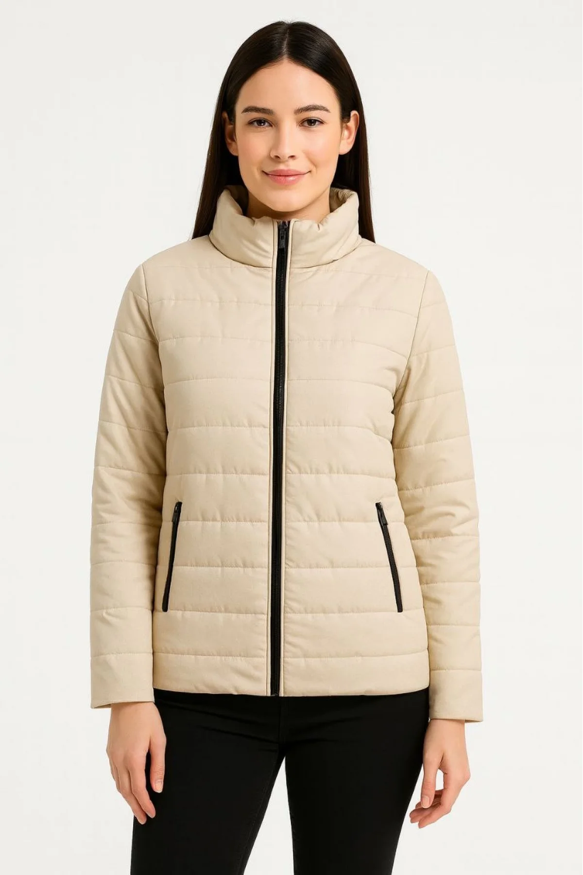 Kadın Bomber Mont Ceket – Su İtici Kumaş, Kapitone Astarlı, Fermuarlı, Kışlık - Bej