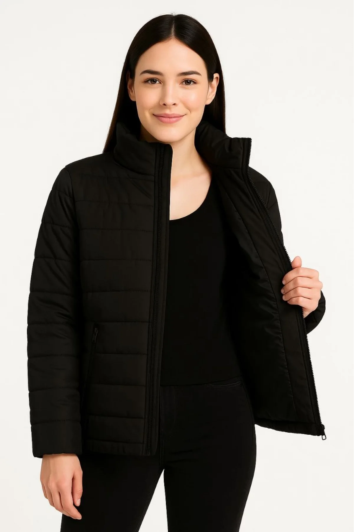 Kadın Bomber Mont Ceket – Su İtici Kumaş, Kapitone Astarlı, Fermuarlı, Kışlık - Siyah