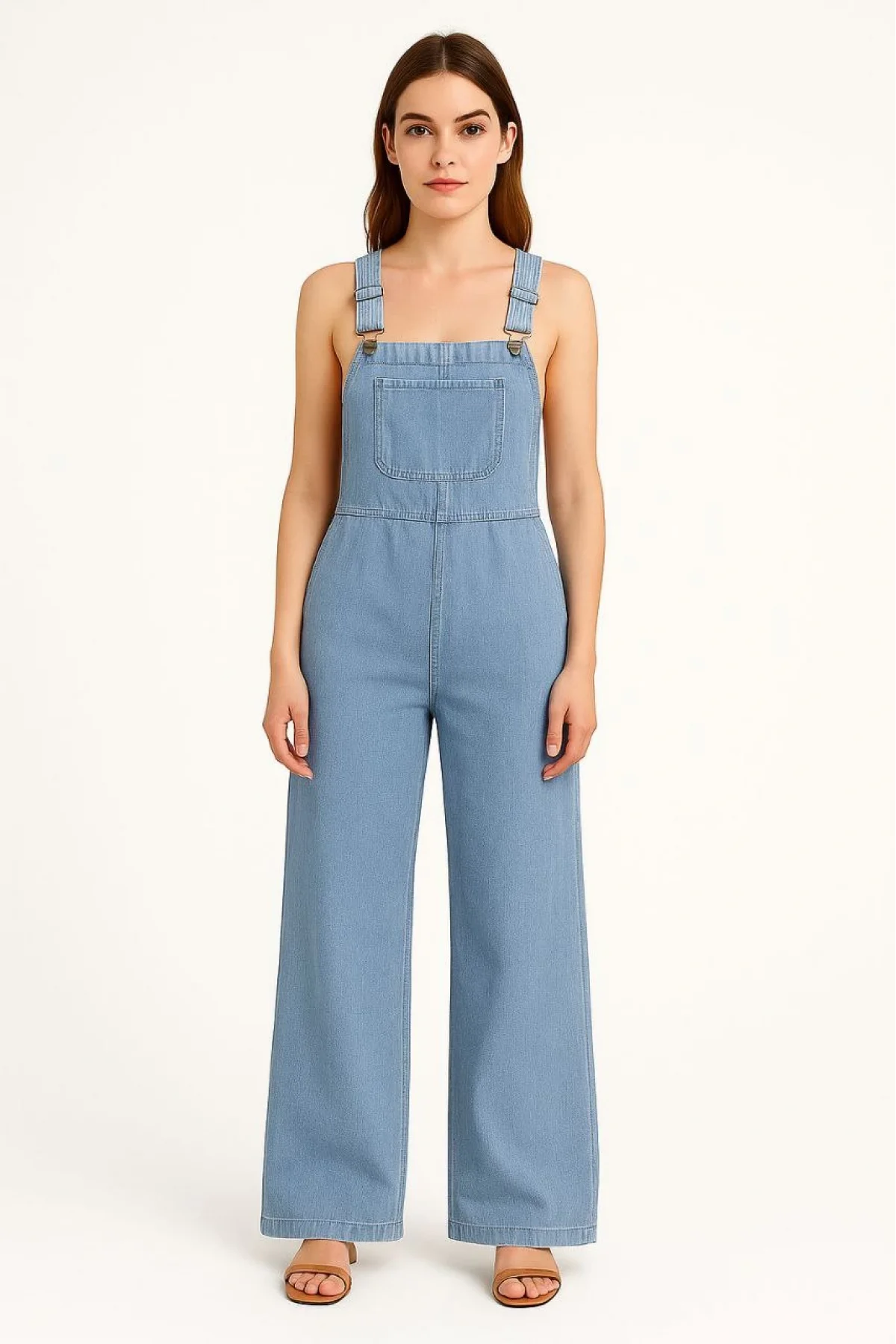 Kadın Chambray Açık Mavi Denim Görünümlü Geniş Paça Salopet Tulum - Mavi