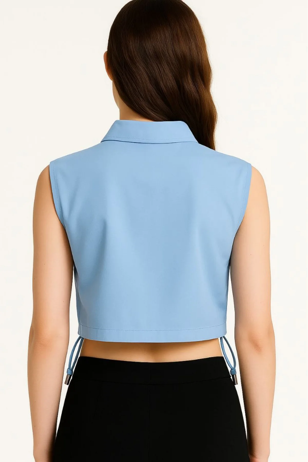 Kadın Crop Poplin Gömlek Yalancı Cepli, Ayarlanabilir Yan Kordonlu, - Bebe Mavisi