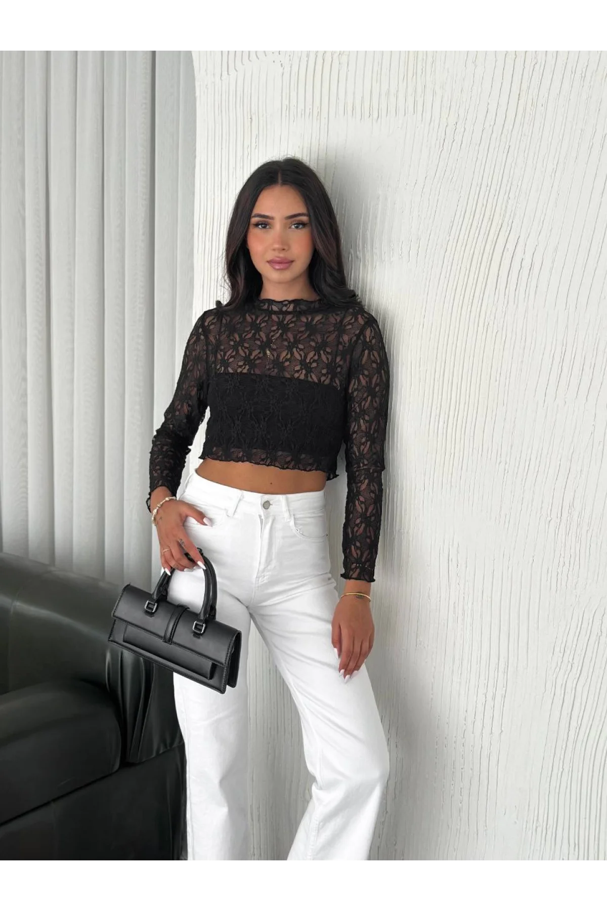 Kadın Dantel Uzun Kol Bluz- Siyah