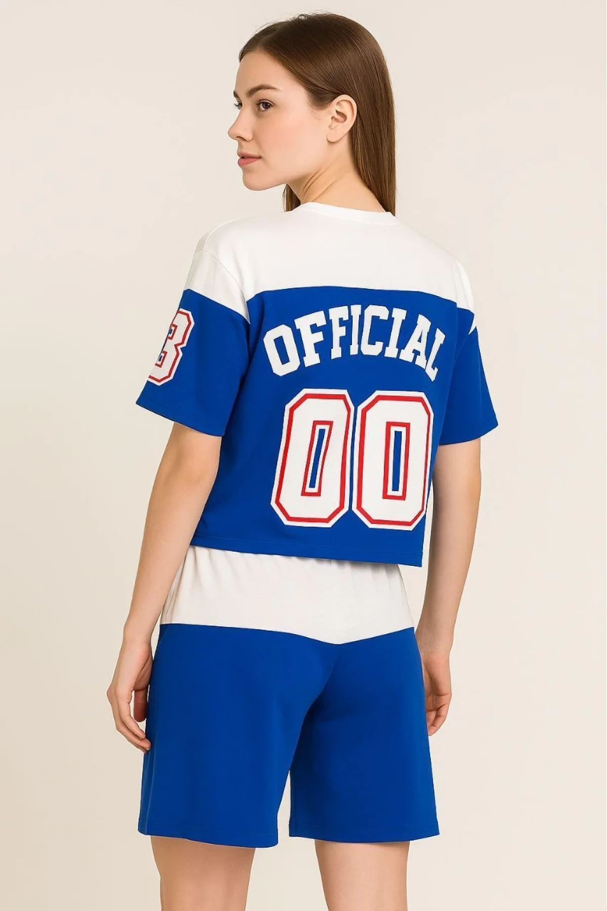 Kadın Şortlu Takım – Oversize İki İplik Kumaş, Ön & Arka Dijital Baskılı Tişört ve Lastikli Cepli Şort, Yazlık Günlük Spor Set - Mavi