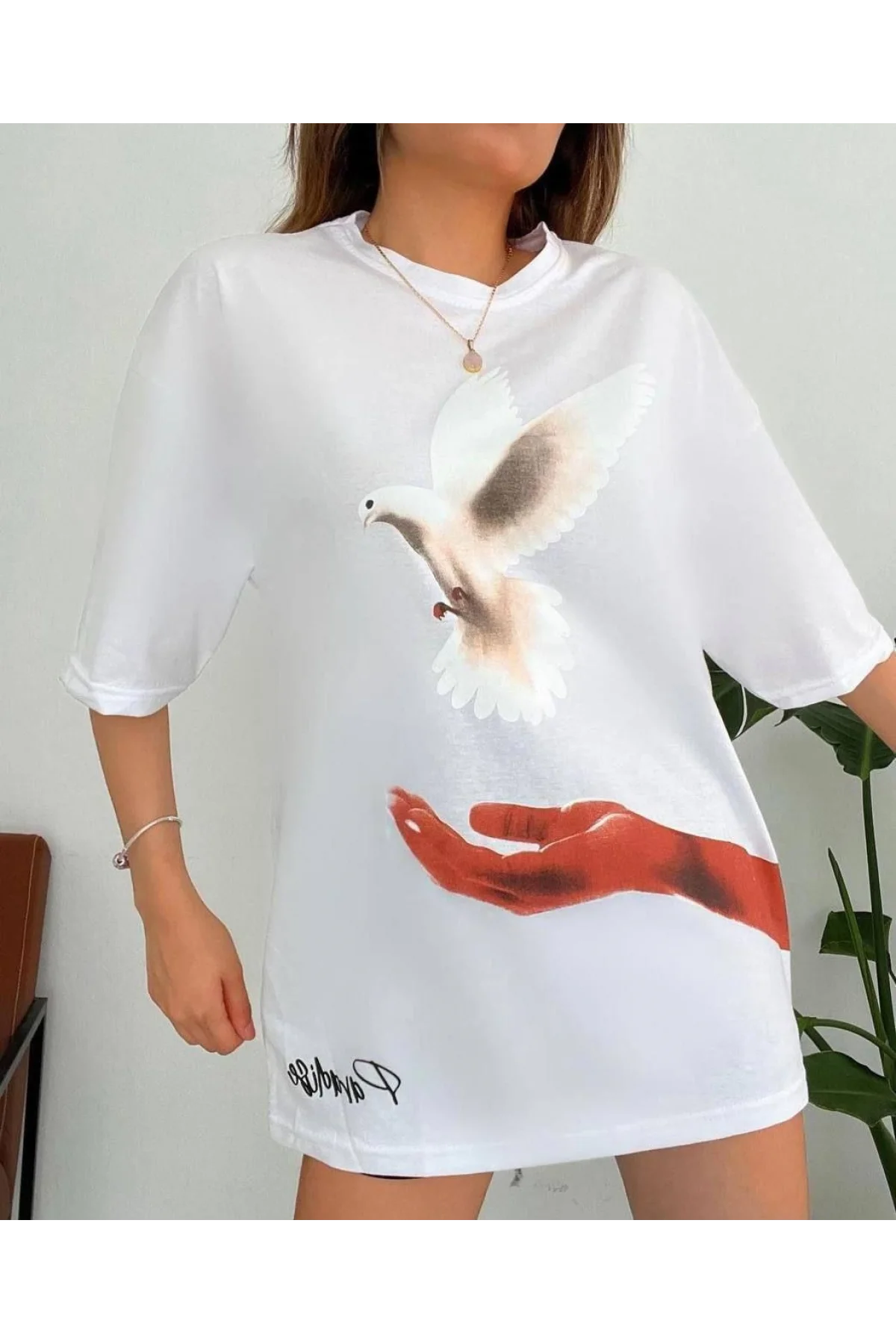 Kadın Dijital Baskılı T-Shirt - Beyaz