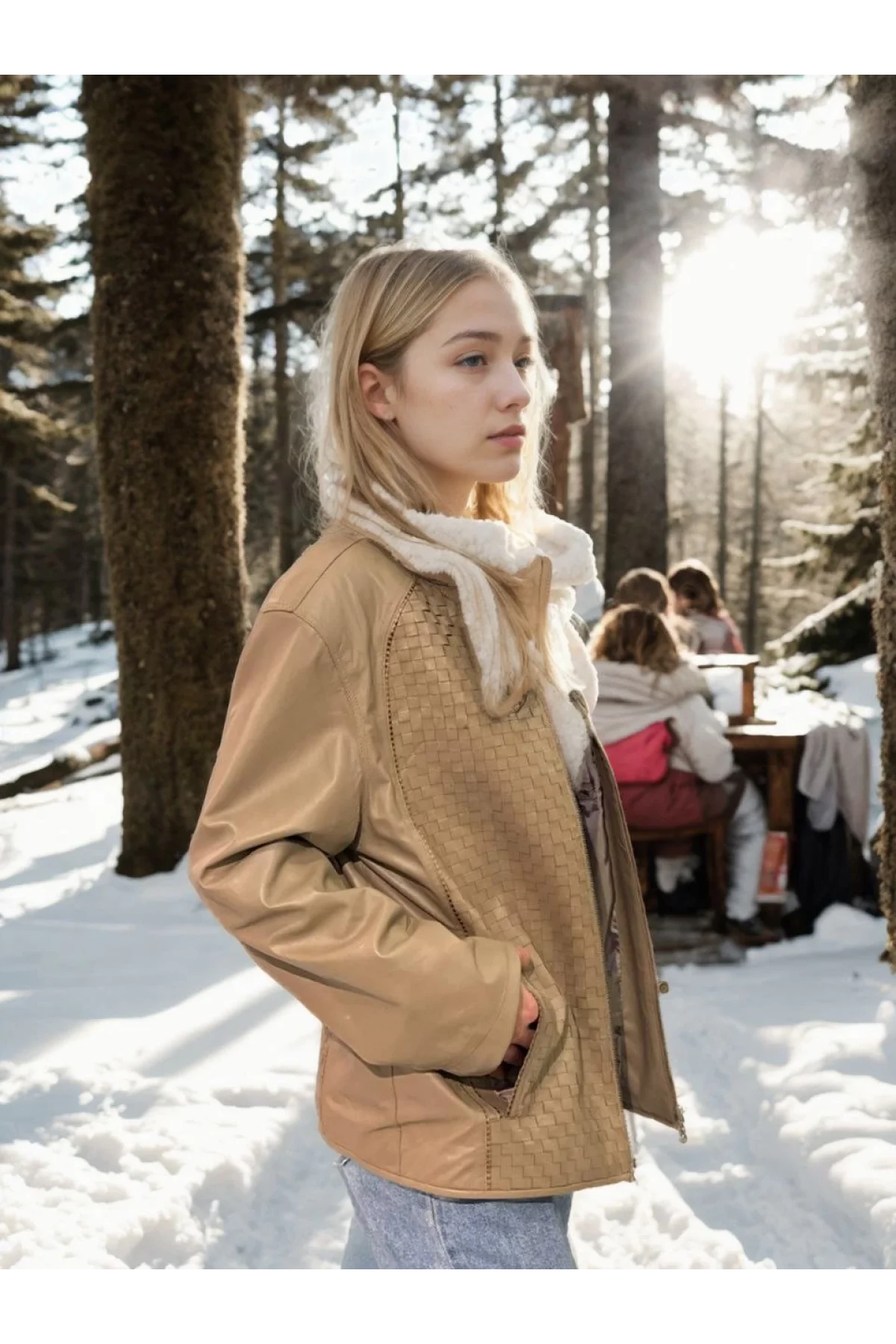 Kadın Fileli Deri Ceket - Krem