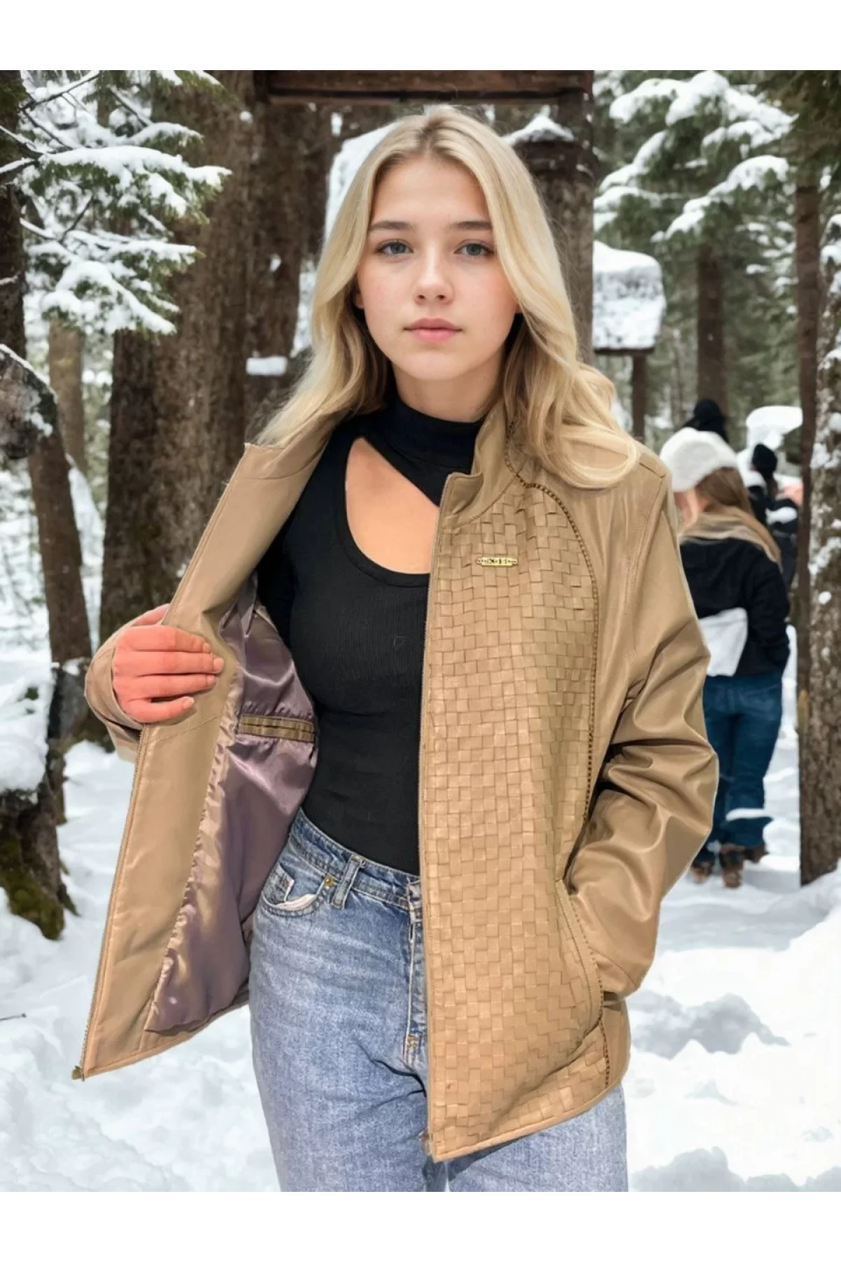 Kadın Fileli Deri Ceket - Krem