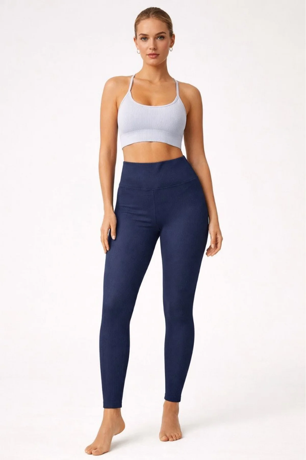 Kadın Fitilli Full Likralı Yüksek Bel Toparlayıcı Tayt Günlük ve Spor Kullanım - Lacivert