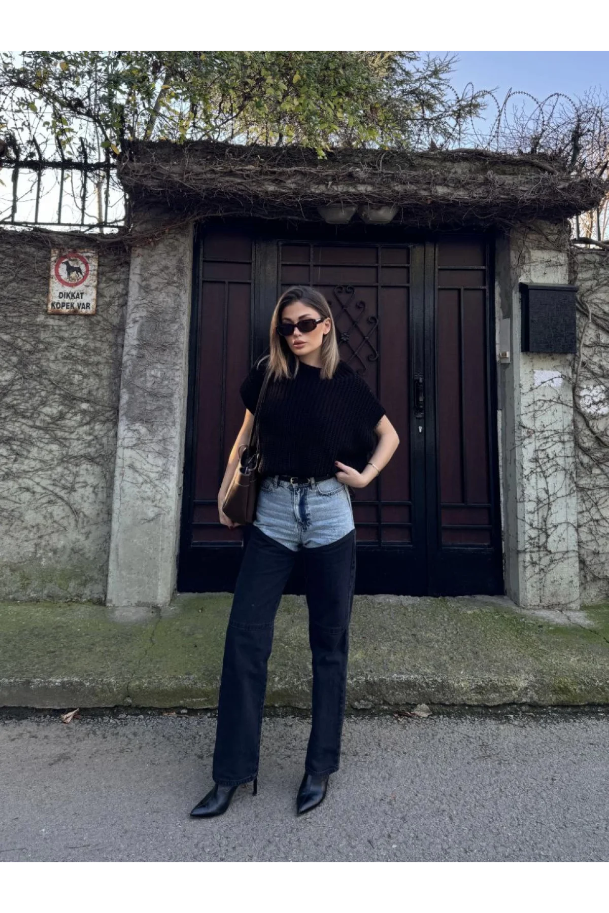 Kadın Jeans Kot Parçalı Palazzo Pantolon - Siyah